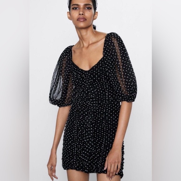 Zara Black and white polka dot Mini Dress sheer Sleeves Rouched Influencer fave - Picture 1 of 13